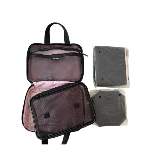 Mary Kay 3pc Quilted Makeup Black Travel Bag Removable Mesh Bag Zippered Set - Picture 4 of 12